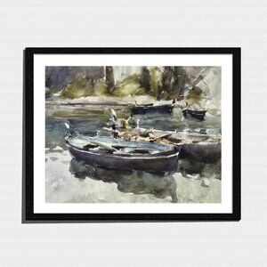Art Print, Boats on a Pond Watercolor Landscape